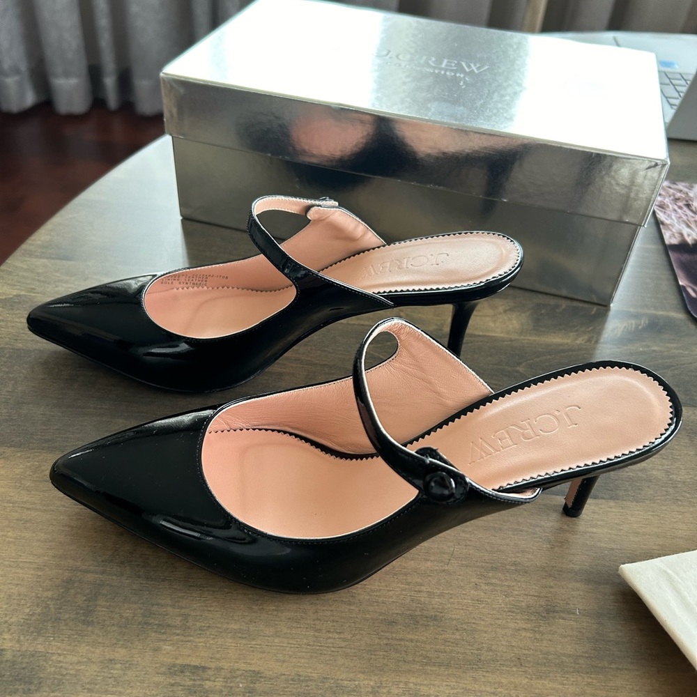 J. Crew Black Patent Leather Mary Jane Kitten Heel Mules